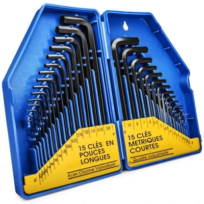 Image de S&amp;R Clés Allen Males en Pouce et Métrique Jeu 30 coudés (15 inchs+15 mm). héxagonales à laine Professionnelle