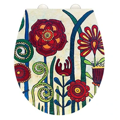 Image de WENKO Abattant WC avec frein de chute Rollin&#039;Art, &quot;red blossom&quot;, surface en relief, fixation acier inoxydable, Duroplast antibactérien, 38 x 44,5 cm.