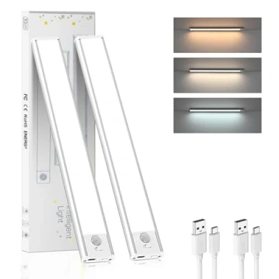 Image de Moman Lampe LED Rechargeable, 30CM/2Pcs Lumiere Detecteur de Mouvement Interieur avec 2 Modes Reglette sans Fil Variable 3 Couleur sous Meuble Placard, Eclairage Cuisine