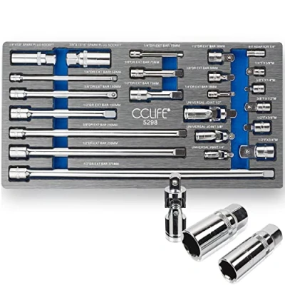 Image de CCLIFE 23 pièces Jeu de Rallonge cliquet 1/4&#039; 3/8&#039; 1/2&#039;, Adaptateur douille avec système à bille et ressort bougies d&#039;allumage CR V