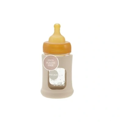 Image de HEVEA Plastic Free Wide Neck Glass Baby Bottle with Sleeve Slow Flow Anti Colic Bottles Newborn 0+ months Eco friendly, BPA free, Single pack (150 ML)