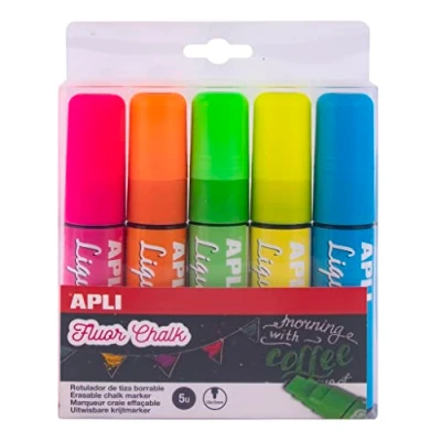 Image de Apli 13965 5 marqueurs liquide craies Utilisables sur tableau vert,fenêtre, ardoise effaçable avec un chiffon humide pointe biseautée 10x15 mm couleurs assorties