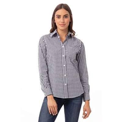 Image de Chef Works Chemise habillée Vichy pour Femme, Carreaux Bleu Marine et Blanc, L