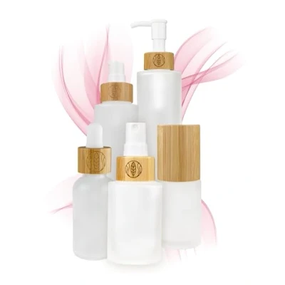 Image de Wachsmann Flacons en Verre de Haute qualité avec Couvercle Bambou pour cosmétiques naturels durables Distributeur d&#039;huile et Lotion, 30 ML Tête pulvérisation Gravé 5 pcs.