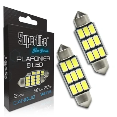 Image de Superlite Jeu de 2 ampoules plafonnier à 9 Led, 39 mm 2,3W la gamme Blue Series. Technologie CanBus lumière blanche. Idéal pour les voitures et camions.