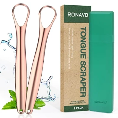 Image de RONAVO Gratte langue bonne taille pour petite bouche, rafraîchit la mauvaise haleine (étuis de voyage inclus), soins bucco dentaires sains, nettoyeurs en acier inoxydable, lot 2