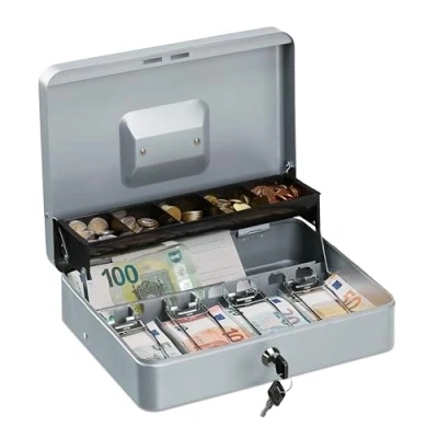 Image de Relaxdays Caisse à Monnaie, verrouillable, Compartiments pour pièces et Billets, Fer, HLP 8,5 x 30,5 24,5 cm, Argent