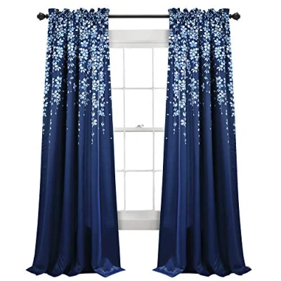 Image de Lush Decor Paire de Rideaux fenêtre filtrant la lumière avec Motif Fleur pleureuse, 132,1 cm Large x 213,4 Long + tête 5,1 cm, Bleu Marine Charmants Floraux Modernes pour