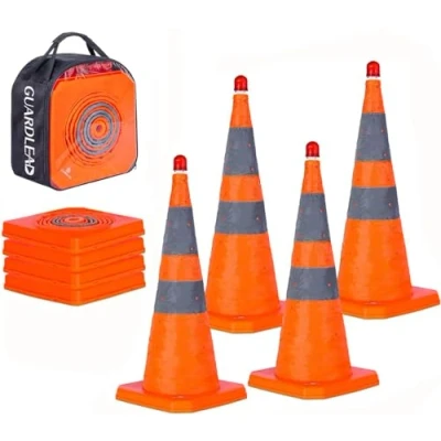 Image de cônes de sécurité la circulation pliables, 4 pop up polyvalents avec lumières LED et cercles réfléchissants pour le stationnement routier, pratique conduite (4, 70cm)