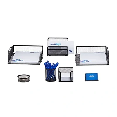 Image de Relaxdays Set 7 fournitures de bureau pot punaises crayon bloc notes cartes visite courrier métal surfaces, noir