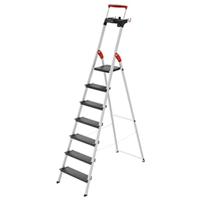Image de Hailo L100 Topline Escabeau de sécurité en Aluminium 7 marches XXL jusqu&#039;à 150 kg avec étrier Maintien Extensible, Verrouillage la Plate Forme Nombreux Accessoires Échelle