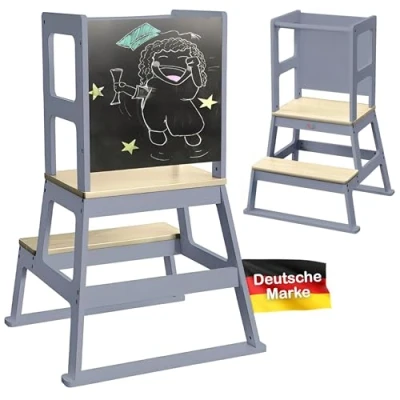 Image de Baby Vivo Tour d&#039;apprentissage en Bois avec Tableau Montessori Tabouret pour Enfants Bébé à partir du Support Les Tout Petits de 18 Mois 3 Ans Comptoir Cuisine Salle Gris
