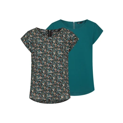 Image de ONLY Onlvic Lot de 2 t shirts basiques pour femme Col rond Coupe droite Manches courtes Fermeture éclair Motif été Noir, vert, rose, bleu Tailles 34, 36, 38, 40, 42, 44, Deep Teal