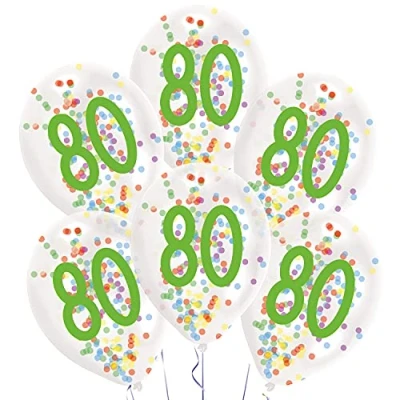 Image de Amscan 9909844 ballons en latex confettis, chiffre 80, lot de 6, env. 27,5 cm, avec rembourrage, numérotés, décoration d&#039;anniversaire, cadeau, anniversaire