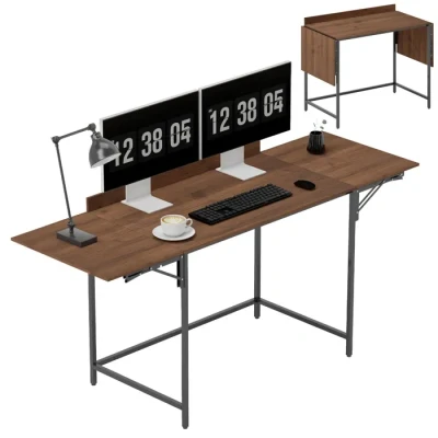 Image de Bureau pliant HOMCOM 170 x 58 cm moderne avec 2 rabats pliables pour écrans chambre petits espaces noyer