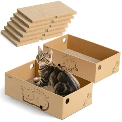 Image de Ycozy Griffoir Chat avec 2 boîtes et 6 Planches à griffer, Grand Format XXL, Carton Double Face pour Chat, Interchangeable, résistant