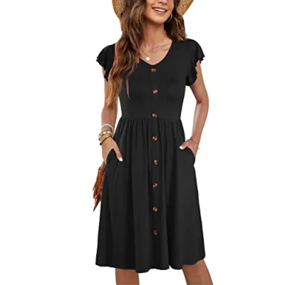 Image de MOLERANI Femmes Robes d&#039;été Manches V Cou Décontracté Swing Taille élastique avec Poche Botton Down Robe De Midi pour Les Noir M