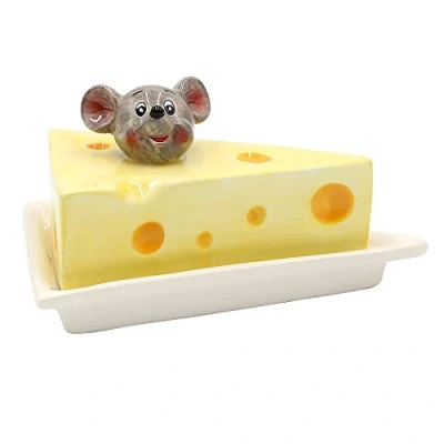 Image de Dekohelden24 Boîte à Fromage en céramique avec Souris, Taille L/L/H : env. 17 x 11,5 9 cm, Jaune, cm