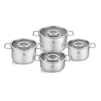 Image de Fissler Collection Pure Jeu De Faitouts/sautoir En Acier Inoxydable, 4 Pièces, Avec Couvercle Verre (3 Faitouts, 1 Sautoir), Compatible Induction