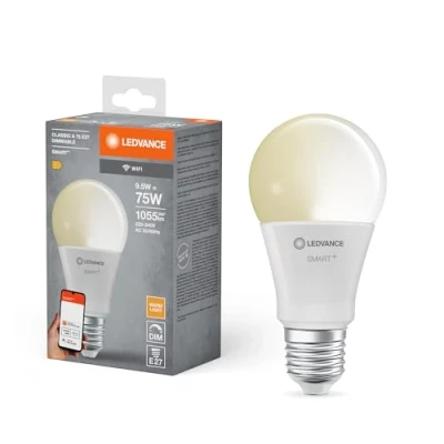 Image de LEDVANCE SMART+ WIFI LED lamp, frosted look, 9.5W, 1055lm, classic bulb shape with E27 base, adjustable white light, dimmable, app or voice control, life of up to 20,000 hours