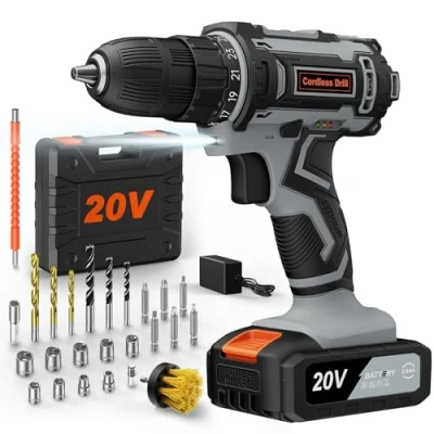 Image de Perceuse Visseuse Devisseuse Sans Fil 20V, avec Batterie 2.0Ah, 42Nm, 25+1 Réglages de Couple, 2 Vitesse, Lumières LED, 25 Accessoires, pour Bricolage à Domicile