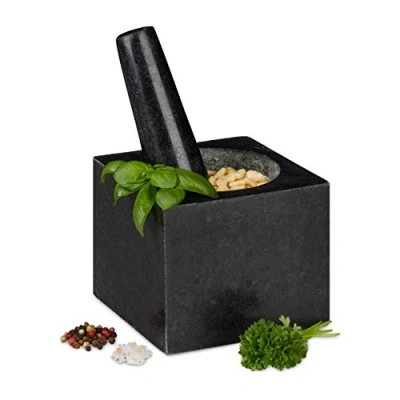 Image de Relaxdays mortier carré en granit avec pilon, robuste, épices, herbes, d. 250ml, 9,5x11x11 cm pierre polie, gris