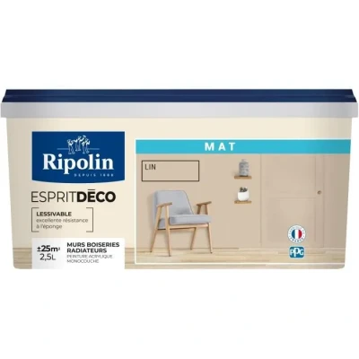 Image de Ripolin Peinture Intérieure Multi Supports Murs, Boiseries &amp; Radiateurs Ultra Couvrante Lessivable Application Facile Ecolabel Aspect Mat 2,5L Lin