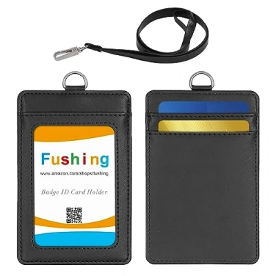 Image de Fushing Porte Badges avec Lanière,Cuir Carte,Verticaux Badge Un Emplacement pour Carte Transparent à l&#039;avant et Deux Emplacements l&#039;arrière