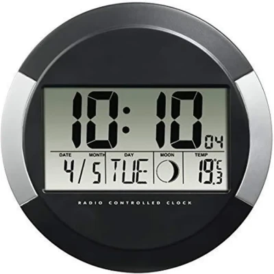 Image de Hama Horloge Murale PP 245 (Radio pilotée DCF, Pendule sans Tic tac, Numérique, à Led, Fil, avec des Piles, Format 24h, Calendrier, Jour, Thermomètre 0C 50C, Pause ou Bureau) Noir