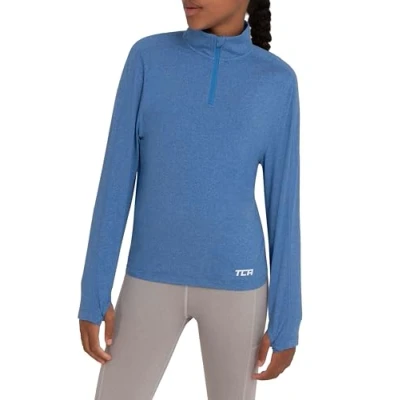 Image de TCA Fusion T Shirt de Sport et Running Léger Tee Manches Longues Quickdry avec Fermeture Éclair Mi Poitrine pour Fille Bleu, 10 12 Ans