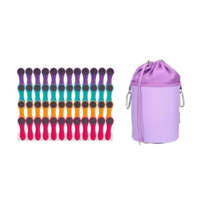 Image de Lot de 48 pinces à linge avec ressorts compression en acier inoxydable, Softtouch multicolore, 1 sac toile violet et gris