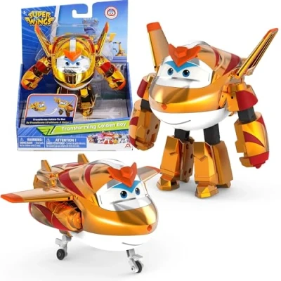 Image de Super Wings YW750231 Transforming Golden Boy, Figurine Transformable d&#039;environ 12.7 cm, Jouet Avion et Robot pour Les 3+ Ans Garçons Filles, Or