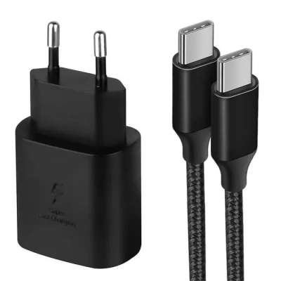 Image de Chargeur 25W + Câble USB C vers Nylon 1M pour Samsung Galaxy A05s A15 A25 A35 A55 S24 Ultra FE Noir