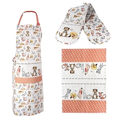 Image de SPOTTED DOG GIFT COMPANY Ensemble de 3 Torchon Cuisine Tablier et Gant Four Double au Mignon Chien Imprimé, 100% Qualité Coton Lavable en Machine, Idée Cadeaux pour Les Amoureux des Chiens