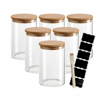 Image de gouveo Lot de 6 récipients Ronds en Verre borosilicaté 500 ML avec Couvercle et étiquettes bocaux Conservation, Pots à épices, Verre, Bocal Conservation