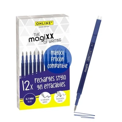 Image de Online 12x recharge roller effaçable bleu, compatible avec magiXX et stylo Frixion etc., pour stylos à encre gel effaçables, pointe moyenne, rechargeable