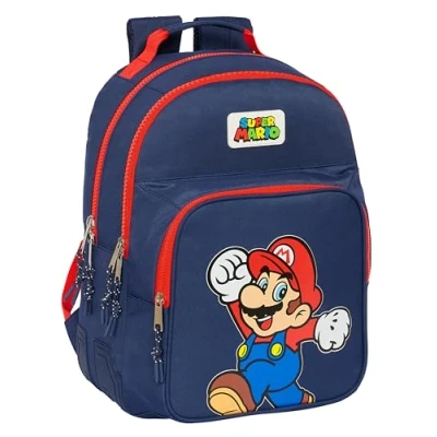 Image de SUPER MARIO WORLD Sac à dos d&#039;écolier pour enfants, idéal les enfants de différents âges, confortable et polyvalent, qualité résistance, 32 x 15 42 cm, bleu marine, Estándar, décontracté,