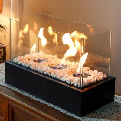 Image de JHY Design Boule à feu de Table rectangulaire 29 cm Long Cheminée Portable Combustion Propre Bio Ethanol sans Vent pour l&#039;intérieur et l&#039;extérieur(Noir)