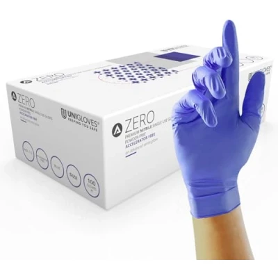 Image de UNIGLOVES Advanced Zero GM0054 Lot de 100 paires gants d&#039;examen en nitrile sans accélérateur Multifonctions et poudre, zinc, soufre latex Bleu Taille L