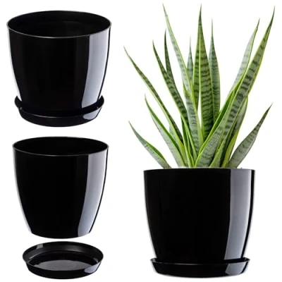 Image de KADAX Élégant Pot de Fleurs, à Plantes avec Soucoupe, Fleurs Rond, en Plastique, Cache pour Interieur Ø 14 cm Noir