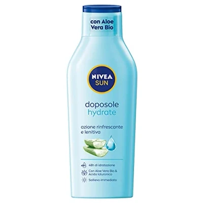 Image de NIVEA SUN Lait après soleil Hydrate en maxi flacon de 400 ml, Crème à l&#039;aloe vera bio et acide hyaluronique, hydratante pour le corps action rafraîchissante apaisante