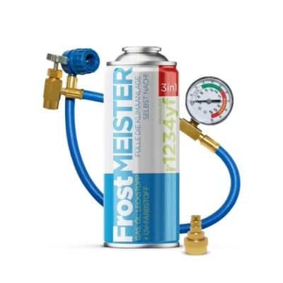 Image de FrostMEISTER Kit de recharge 3 en 1 pour climatisation voiture (1 x 400 ml + tuyau avec manomètre et adaptateur) Remplacement du réfrigérant, l&#039;huile compresseur mastic R1234yf