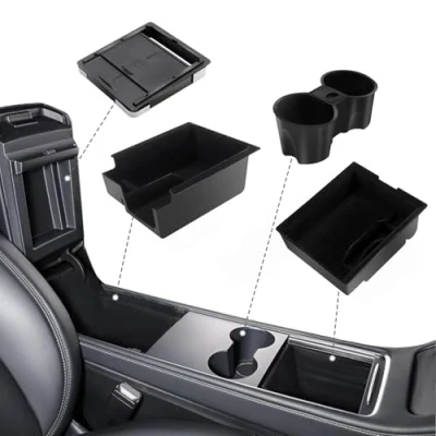 Image de Geloo Lot de 4 Organiseurs pour Console Centrale Tesla, Porte Gobelet Voiture, Accoudoir, Boîte Rangement Cachée, Tesla Model Y 2021 2024, modèle 3 2023