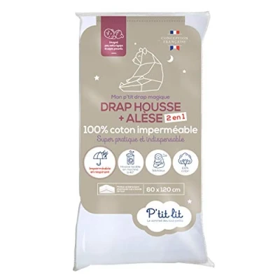 Image de P&#039;tit lit Protège Matelas Bébé 2 en 1 Alèse + Drap Housse 60x120 cm Imperméable 100% Coton Souple et Silencieux Respirant Oeko Tex® Gris