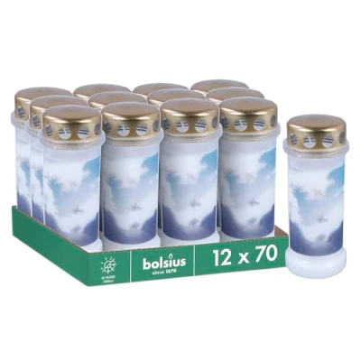 Image de BOLSIUS Lumière funéraire Brûleur permanent Blanc N 6 Lot de 12 Avec motif Ciel Durée combustion jusqu&#039;à 70 heures