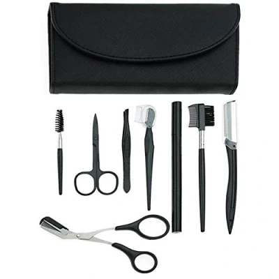 Image de Kit sourcils, 8 in 1Kit de Maquillage Sourcils,Sourcils d’Outil Professionnel avec Pince à Épiler, Ciseaux Sourcil, Couteau Peigne Sourcil e Sac rangement