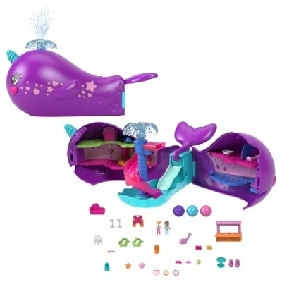 Image de Polly Pocket Coffret Bateau Les Aventures du Narval Sparkle Cove Adventure avec 2 Mini Figurines, 3 Perles Solubles Et 13 Accessoires, Jouet Enfant, A Partir De 4 Ans, HKV71