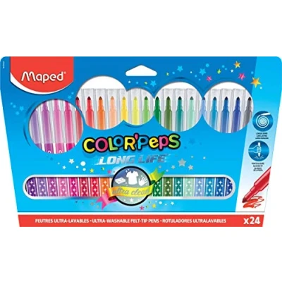 Image de Maped Feutres Long Life 18 de Coloriage Ultra lavables et Longue Durée Pointe Moyenne Bloquée Couleurs Vives Idéal Fournitures Rentrée Scolaire Pochette Carton, Assorties