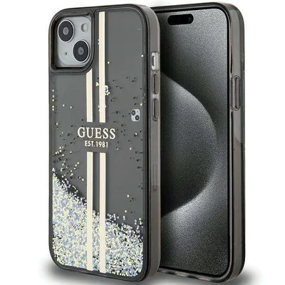 Image de Guess GUHCP15MLFCSEGK Coque pour iPhone 15 Plus / 14 6,7 Pouces Noir Rigide Liquide Paillettes Or Rayures