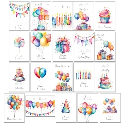 Image de the lazy panda card company Lot de 20 cartes d&#039;anniversaire peintes aux aquarelles vives Pas motif deux fois Livrées avec des enveloppes en papier recyclé